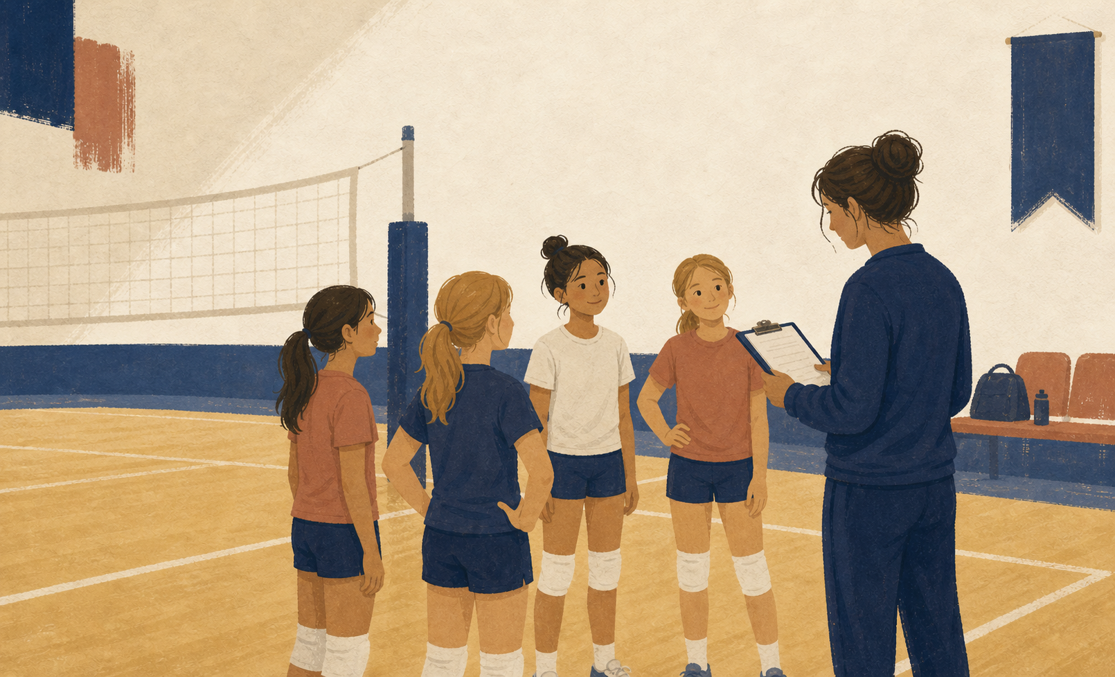 Volunteer coach reviewing a clipboard with youth volleyball players before a match